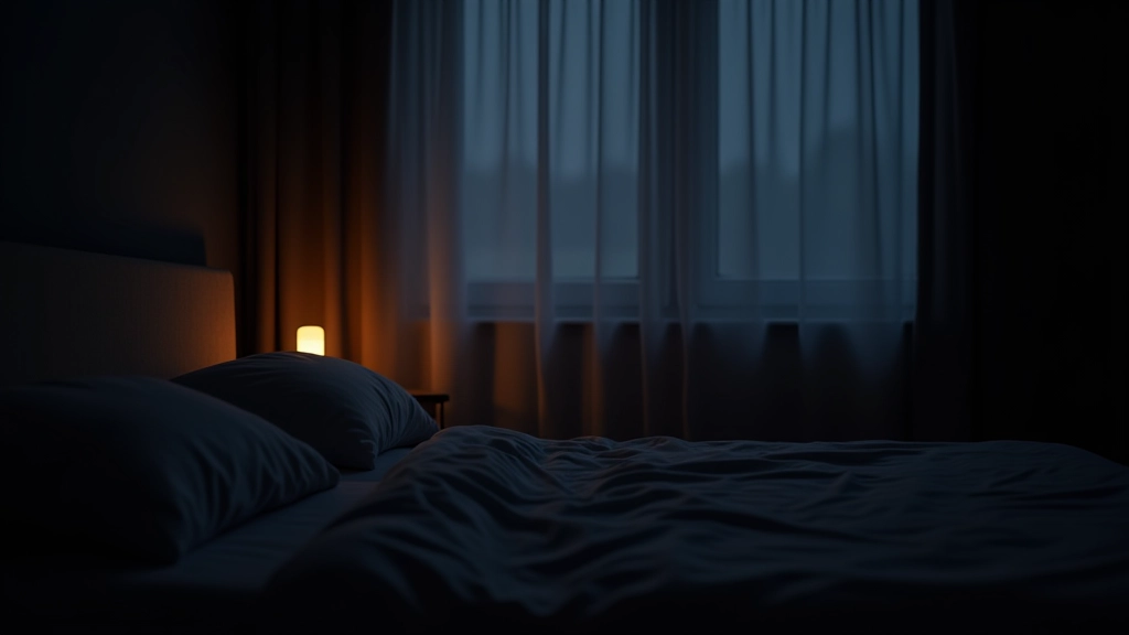Chambre sombre avec rideau blackout et petite lumière d'ambiance douce