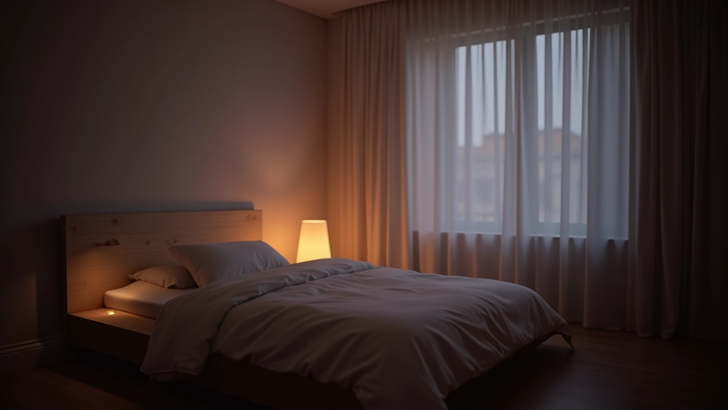 Chambre minimaliste avec lumière tamisée, rideaux fermés, et environnement paisible