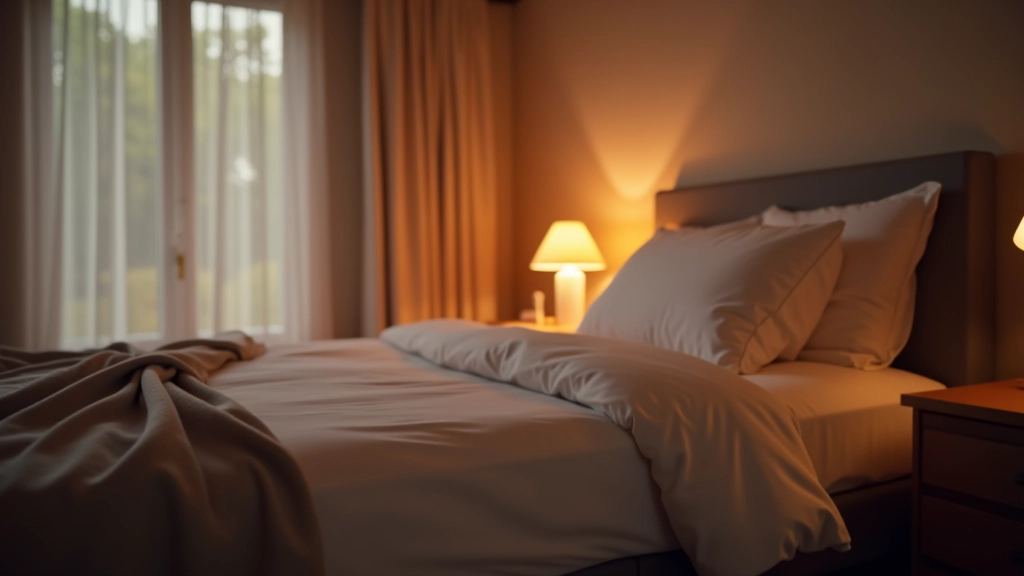 Chambre apaisante avec lumière tamisée et lit confortable préparé pour le sommeil
