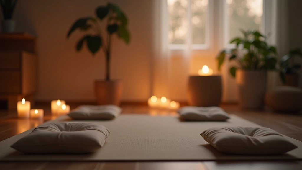 Chambre de détente avec décoration apaisante, tapis de yoga et coussins pour la méditation du soir
