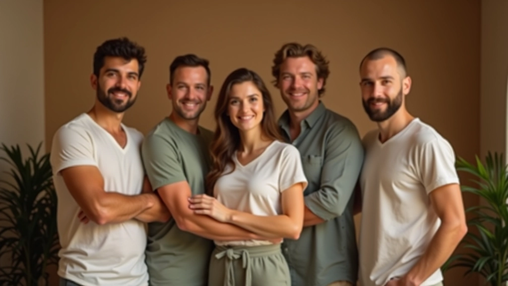 Équipe de spécialistes en relaxation et gestion du sommeil posant ensemble dans un studio apaisé