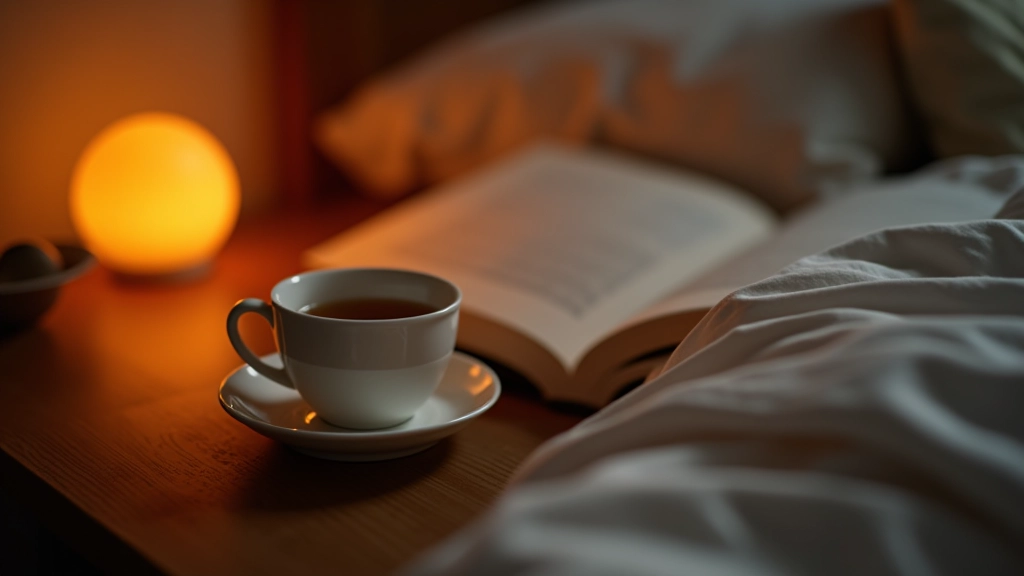 Tasse de tisane apaisante sur une table de nuit avec livre et ampoule douce
