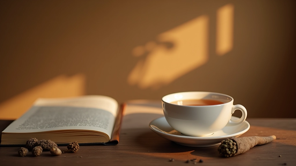 Tisane chaude dans une tasse blanche, accompagnée de notes écrites et de plantes séchées