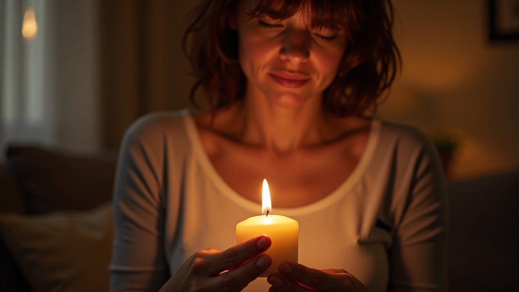 Femme dans un salon confortable avec lumière tamisée, allumant une bougie apaisante